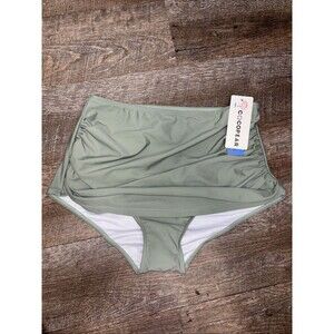 Cocopear Women High Waisted Ruched Swim Bottoms L Green New Stretch